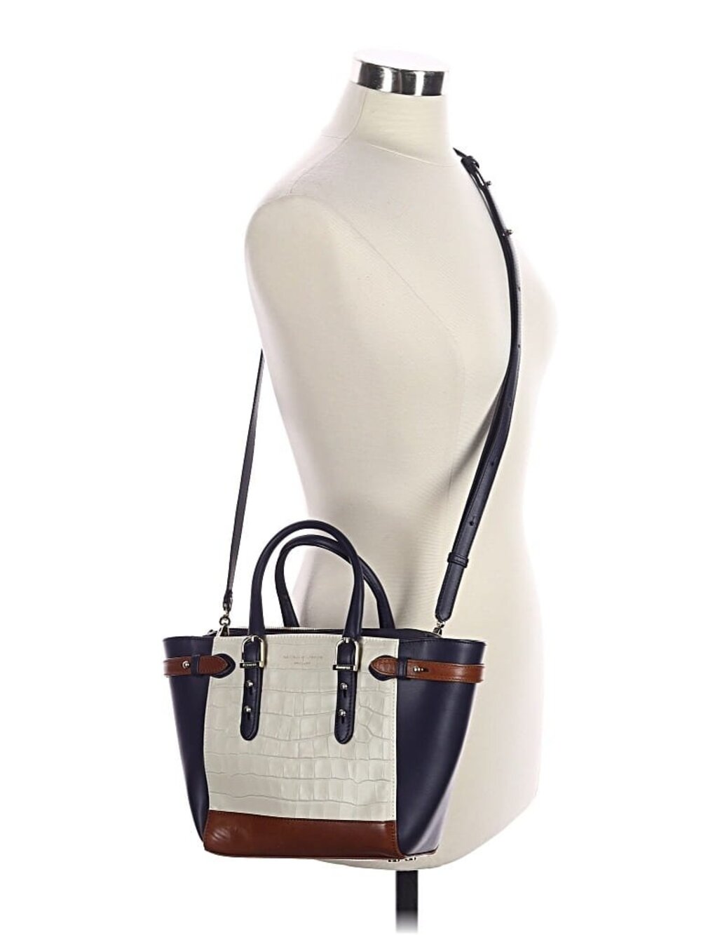 Aspinal of London White Croc-Embossed Shoulder Bag with Navy Accents